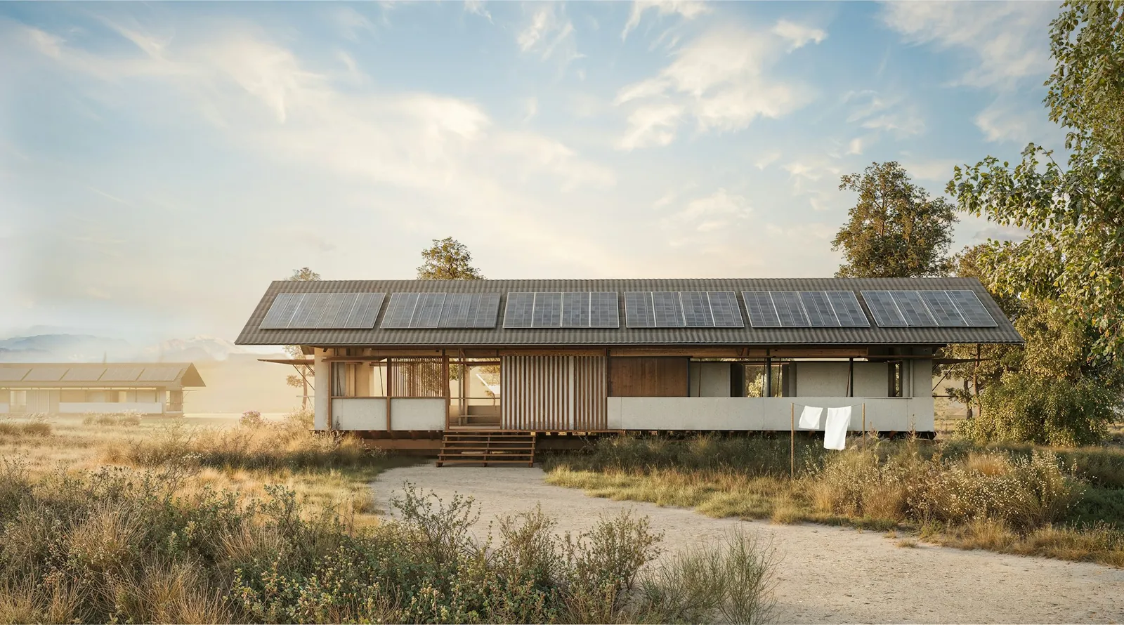 A single-storey house with a solar array on its roof